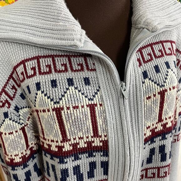 Vintage Grandpa Cardigan, 1970s Gray Zip Front Turtleneck Sweater Sz L - Picture 10 of 11